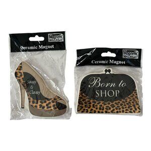 VTG Leopard Print Ceramic Magnets – Sassy High Heel & Born to Shop Purse – Fashi
